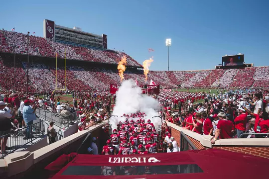 NORMAN, OK - September 14, 2024 - Gaylord Family-Oklahoma Memorial Stadium during runout during runout during the game between the Tulane Green Wave and the Oklahoma Sooners at Gaylord Family - Oklahoma Memorial Stadium in Norman, OK. Photo By Peyton Martin/University of Oklahoma