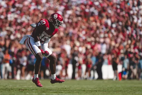 DALLAS, TX - October 12, 2024 - Oklahoma Linebacker Kip Lewis (#10) during the game between the Texas Longhorns and the Oklahoma Sooners at Cotton Bowl Stadium in Dallas, TX. Photo By Brendall Vargas/University of Oklahoma