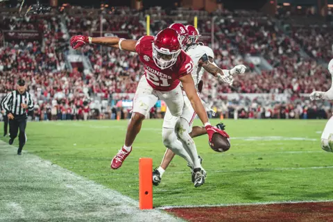 NORMAN, OK - November 23, 2024 - Oklahoma Running back Xavier Robinson (#21) during the game between the Alabama Crimson Tide and the Oklahoma Sooners at Gaylord Family - Oklahoma Memorial Stadium in Norman, OK. Photo By Channing Holloway/University of Oklahoma