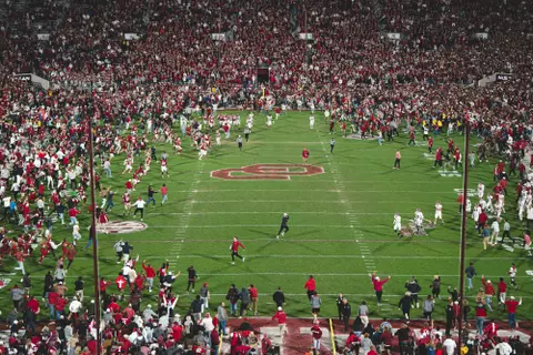 NORMAN, OK - November 23, 2024 - Field storm during the game between the Alabama Crimson Tide and the Oklahoma Sooners at Gaylord Family - Oklahoma Memorial Stadium in Norman, OK. Photo By Channing Holloway/University of Oklahoma