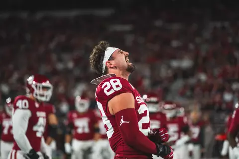 NORMAN, OK - November 23, 2024 - Oklahoma Linebacker Danny Stutsman (#28) during the game between the Alabama Crimson Tide and the Oklahoma Sooners at Gaylord Family - Oklahoma Memorial Stadium in Norman, OK. Photo By Morgan Givens/University of Oklahoma