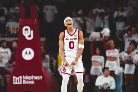 NORMAN, OK - January 15, 2025 - Oklahoma guard Jeremiah Fears (#0) during the game between the Texas Longhorns and the Oklahoma Sooners at Lloyd Noble Center in Norman, OK. Photo By Morgan Givens/University of Oklahoma