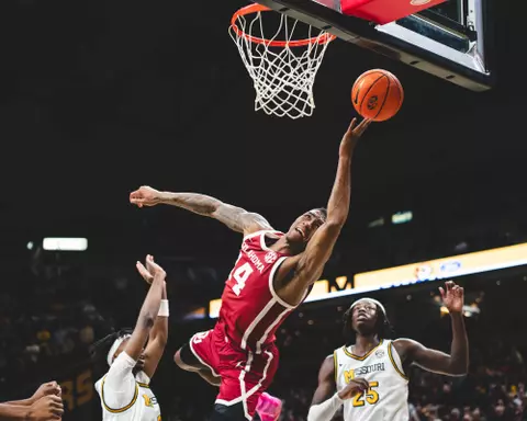 COLUMBIA, MO - February 12, 2025 - Oklahoma forward Jalon Moore (#14) during the game between the Missouri Tigers and the Oklahoma Sooners at Mizzou Arena in Columbia, MO. Photo By Riley Hogan/University of Oklahoma