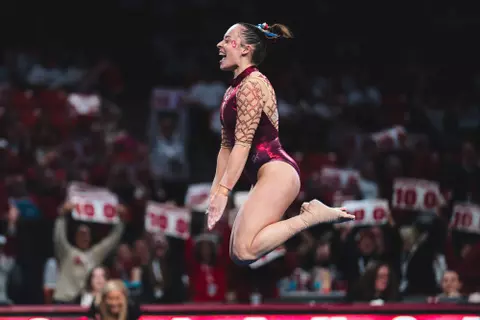 NORMAN, OK - February 21, 2025 - Faith Torrez during the meet between the Florida Gators and the Oklahoma Sooners at Lloyd Noble Center in Norman, OK. Photo By Morgan Givens/University of Oklahoma