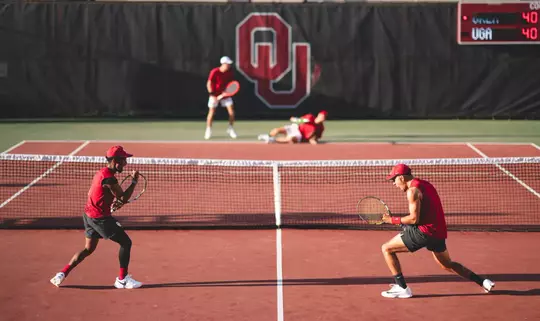 NORMAN, OK - MARCH 21, 2025 - Kholo Montsi and Luis Alvarez during the match between the Georgia Bulldogs and the Oklahoma Sooners at Headington Family Tennis Center in Norman, OK. Photo By Asia Purnell/University of Oklahoma