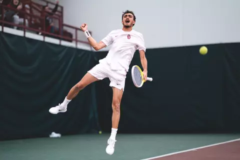 NORMAN, OK - APRIL 05, 2025 - Orel Kimhi during the match between the LSU Tigers and the Oklahoma Sooners at Headington Family Tennis Center in Norman, OK. Photo By Asia Purnell/University of Oklahoma