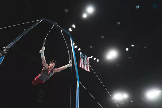 ANN ARBOR, MI - April 18, 2025 - Mac Seyler during the 2025 NCAA Menās Gymnastics National Semifinals in the Crisler Center in Ann Arbor, Michigan. Photo By Morgan Givens/University of Oklahoma