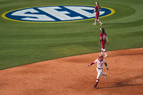 ATHENS, GA - May 09, 2025 - Oklahoma Infielder Sydney Barker (#77) during the SEC Softball Tournament Quarterfinal game between the Arkansas Razorbacks and the Oklahoma Sooners at Jack Turner Softball Stadium in Athens, GA. Photo By Morgan Givens/University of Oklahoma
