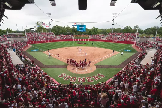 NORMAN, OK - May 24, 2025 - Wide shot of Oklahoma Infielder Gabbie Garcia (#42) home run during the 2025 Norman Super Regional game between the Alabama Crimson Tide and the Oklahoma Sooners at Love's Field in Norman, OK. Photo By Morgan Givens/Brendall Vargas/University of Oklahoma