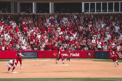 NORMAN, OK - May 24, 2025 - Oklahoma Pitcher Audrey Lowry (#24) and fans celebrate during the 2025 Norman Super Regional game between the Alabama Crimson Tide and the Oklahoma Sooners at Love's Field in Norman, OK. Photo By Morgan Givens/Chris Opheim/University of Oklahoma