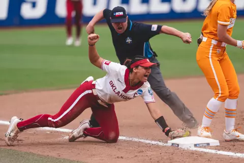 OKLAHOMA CITY, OK - May 29, 2025 - Oklahoma Infielder Nelly McEnroe-Marinas (#2) during the Women's College World Series game between the Tennessee Volunteers and the Oklahoma Sooners at Devon Park in Oklahoma City, OK. Photo By Peyton Martin/University of Oklahoma
