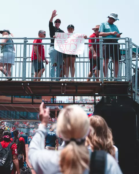 OKLAHOMA CITY, OK - May 31, 2025 - Fans and Oklahoma Softball Head Coach Patty Gasso during the Womenās College World Series game between the Texas Longhorns and the Oklahoma Sooners at Devon Park in Oklahoma City, OK. Photo By Morgan Givens/University of Oklahoma