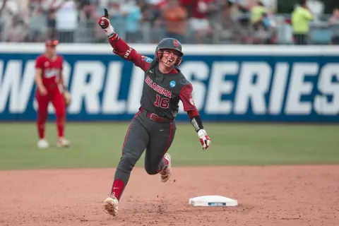 OKLAHOMA CITY, OK - June 02, 2025 - Oklahoma Outfielder Abigale Dayton (#16) during the Womenās College World Series game between the Texas Tech Red Raiders and the Oklahoma Sooners at Devon Park in Oklahoma City, OK. Photo By Morgan Givens/University of Oklahoma