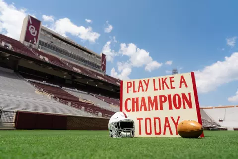 NORMAN, OK - August 05, 2024 - Throwback Equipment and the original āPlay Like a Champion Todayā sign during Oklahoma Sooners Football Throwback Uniform photoshoot in Norman, OK. Photo By Morgan Givens/University of Oklahoma