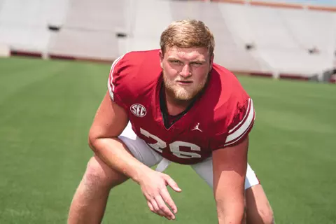 NORMAN, OK - August 05, 2024 - Oklahoma Offensive lineman Jacob Sexton (#76) during Oklahoma Sooners Football Throwback Uniform photoshoot in Norman, OK. Photo By Morgan Givens/University of Oklahoma