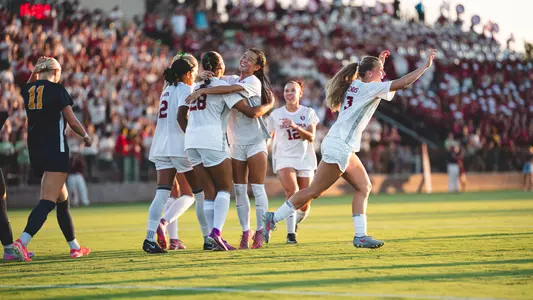 OU soccer celebrates after Luciana Setteducate's goal against East Texas A&M