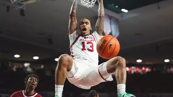 NORMAN, OK - January 17, 2026 - Oklahoma forward Tae Davis (#13) during the game between the Alabama Crimson Tide and the Oklahoma Sooners at Lloyd Noble Center in Norman, OK. Photo By Morgan Givens/University of Oklahoma