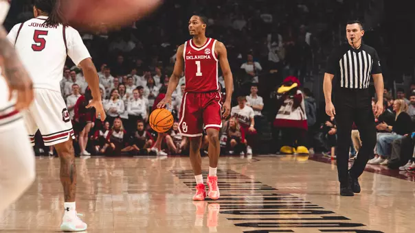 Xzayvier Brown brings the ball up the court at South Carolina