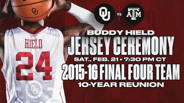 Picture of Buddy Hield holding an OU basketball next to text detailing the Buddy Hield Jersey Ceremony and 2015-16 Final Four Team Team reunion