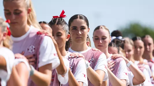 OU Soccer lines up for the national anthem prior to the game against Alabama