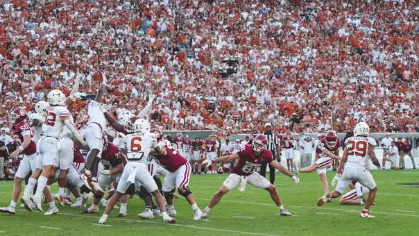 Tate Sandell kicks the game-winning field goal vs. Texas at the Cotton Bowl in the Allstate Red River Rivalry on Oct. 10, 2026.