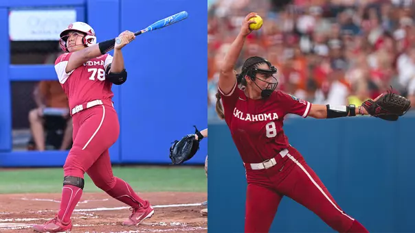 Picture of Jocelyn Alo and Karlie Keeney competing in the Women's College World Series