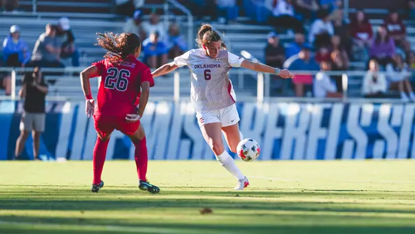 Action shot of Kayla Keefer scoring a goal to complete a hat trick at Ole Miss