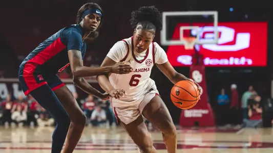NORMAN, OK - January 08, 2026 - Oklahoma Forward Sahara Williams (#6) during the game between the Ole Miss Rebels and the Oklahoma Sooners at Lloyd Noble Center in Norman, OK. Photo By Morgan Givens/University of Oklahoma