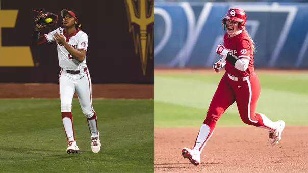 Kai Minor catches a fly ball and Kasidi Pickering rounding the bases