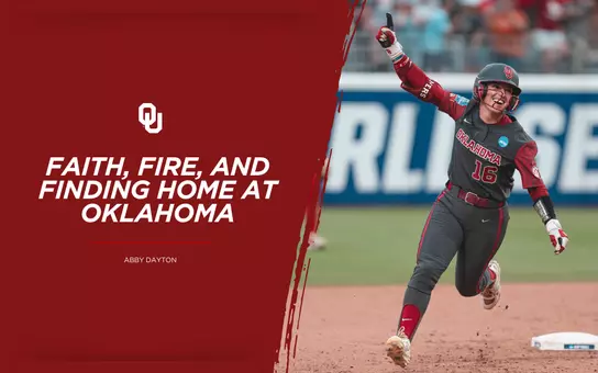 Picture of Abby Dayton rounding the bases during the Women's College World Series with text of the story headline