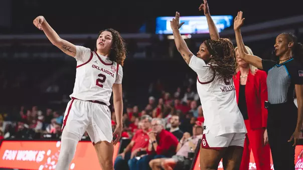 ATHENS, GA - February 19, 2026 - Oklahoma Guard Aaliyah Chavez (#2) and Oklahoma Forward Sahara Williams (#6) during the game between the Georgia Bulldogs and the Oklahoma Sooners at Stegeman Coliseum in Athens, GA. Photo By Asia Purnell/University of Oklahoma