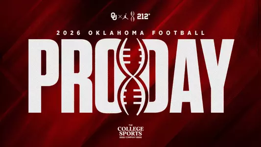 2026 Pro Day, web lead graphic: OU x Jumpman logo, OUDNA logo, 212* logo; 2026 Oklahoma Football; Pro Day; on crimson background with dark and light streaks