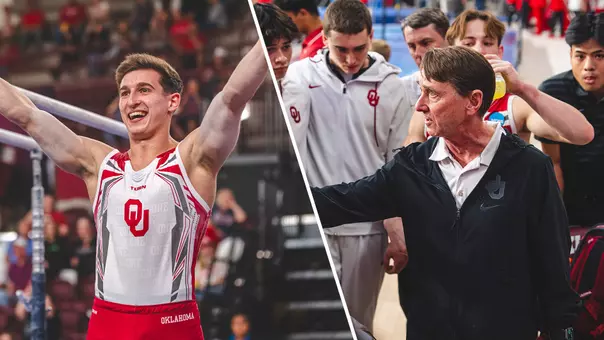 Split-photo graphic divided by diagonal white line with photo of OU freshman Sasha Bogonosiuk in white tank jersey and red pants celebrating and Mark Williams in black warmups with silver OU logo speaking in team huddle