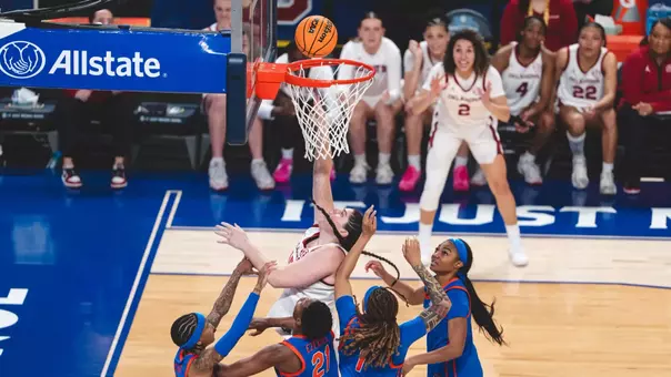 GREENVILLE, SC - March 05, 2026 - Oklahoma Center Raegan Beers (#15) during the game between the Florida Gators and the Oklahoma Sooners during the SEC Tournament at Bon Secours Wellness Arena in Greenville, SC. Photo By Brendall Vargas/University of Oklahoma