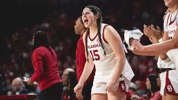 NORMAN, OK - March 22, 2026 - Oklahoma Center Raegan Beers (#15) during the NCAA Tournament Second Round game between the Michigan State Spartans and the Oklahoma Sooners at Lloyd Noble Center in Norman, OK. Photo By Morgan Givens/University of Oklahoma