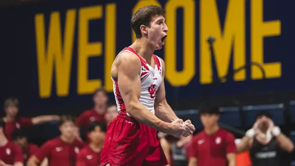 Sasha Bogonosiuk celebrates his routine during the 2025 MPSF Championships at Cal's Haas Pavilion in Berkeley, Calif.
