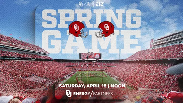 2026 FB Spring Game graphic; photo of Gaylord Family - Oklahoma Memorial Stadium during a fall home game with large text "Spring Game", two crimson OU helmets facing each other; Text: Saturday, April 18, Noon; OU logo, Jumpman logo, OUDNA logo, 212 logo, OU Energy/Partners logo