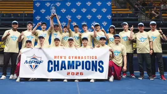 BERKELEY, CA - April 04, 2026 - Oklahoma Men's Gymnastics team during the MPSF Championship post meet ceremony at the Haas Pavilion in Berkeley, CA. Photo By Morgan Givens/University of Oklahoma