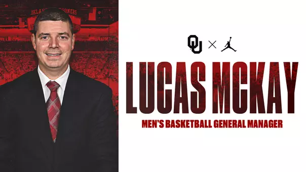 Lucas McKay OU men's basketball General Manager graphic; McKay headshot with OU logo, Jumpman logo; Text: Lucas McKay, Men's Basketball General Manager.
