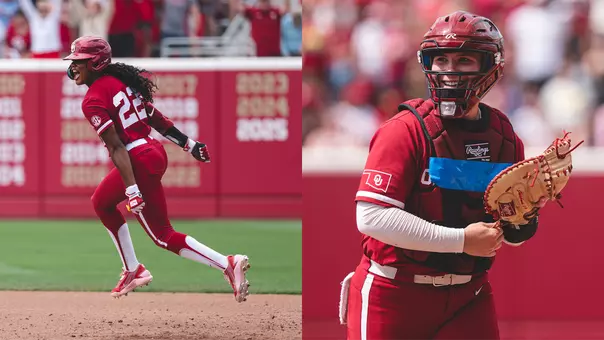 Action shot of Kai Minor rounding the bases after a home run and Kendall Wells smiling in her catcher's gear