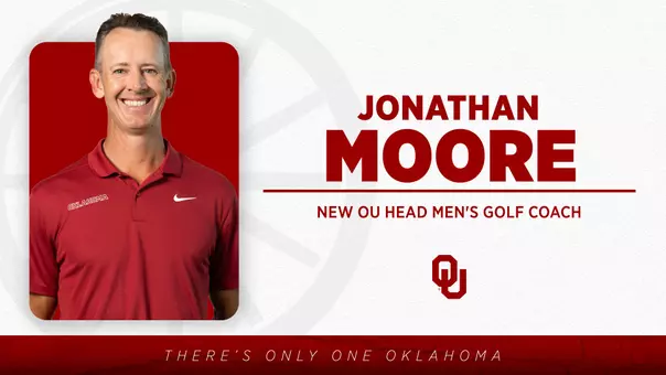 A graphic with a headshot of new Oklahoma men's golf coach Jonathan Moore.