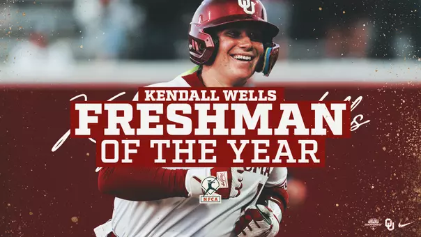Kendall Wells graphic promoting her NFCA Freshman of the Year honor with a picture of her and text