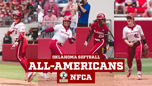 Kendall Wells, Ella Parker, Kai Minor and Gabbie Garcia in game with Oklahoma Softball All-American and NFCA logos