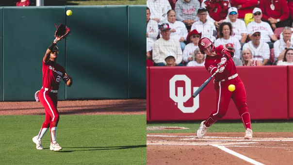 Kai Minor catches a fly ball and Kendall Wells makes contact on a pitch with the pictures laid out side by side