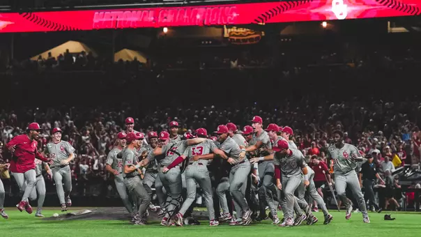 Oklahoma baseball celebrates winning the 2026 national championship on Charles Schwab Field in Omaha, Nebraska.