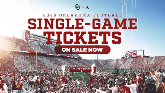 Graphic: "2026 Oklahoma Football Single-Game Tickets on Sale Now" on top of daytime game day crowd at Gaylord Gamily - Oklahoma Memorial Stadium.