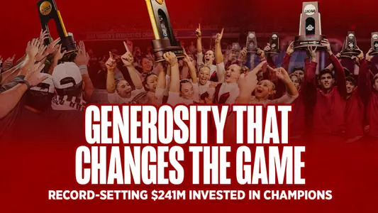 2026 Sooner Club Fundraising Record - Generosity that changes the game - record-setting $241 million invested in champions. Photo of trophies being put in the air.