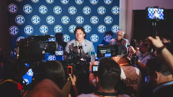 John Mateer during the 2026 SEC Media Days in Tampa, Fla.