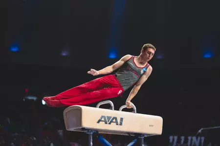 CHAMPAIGN, IL - April 17, 2026 - Ignacio Yockers during the 2026 NCAA Men’s Gymnastics National Qualifier meet at State Farm Center in Champaign, IL. Photo By Morgan Givens/University of Oklahoma