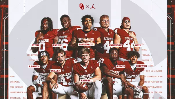 Graphic with photos of OU's 10 Preseason Coaches All-SEC Team members, with OU and Jumpman logos; players labeled with last names: David Stone, Michael Fasusi, Isaiah Sategna III, Ben Anderson, Taylor Wein, Peyton Bowen, Grayson Miller, Tate Sandell, Kip Lewis, Eli Bowen